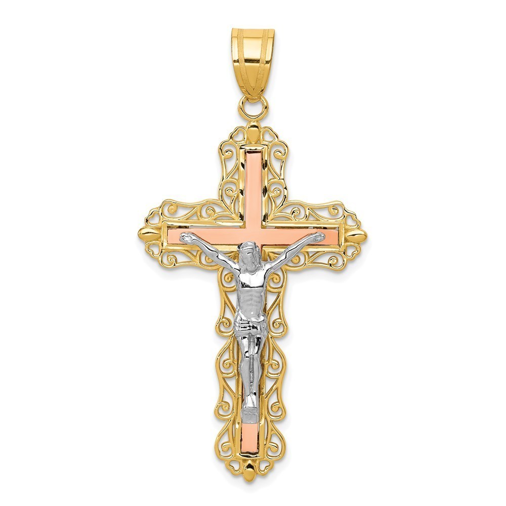 Million Charms 14k Gold Tri-color Diamond-cut Crucifix Necklace Charm Pendant